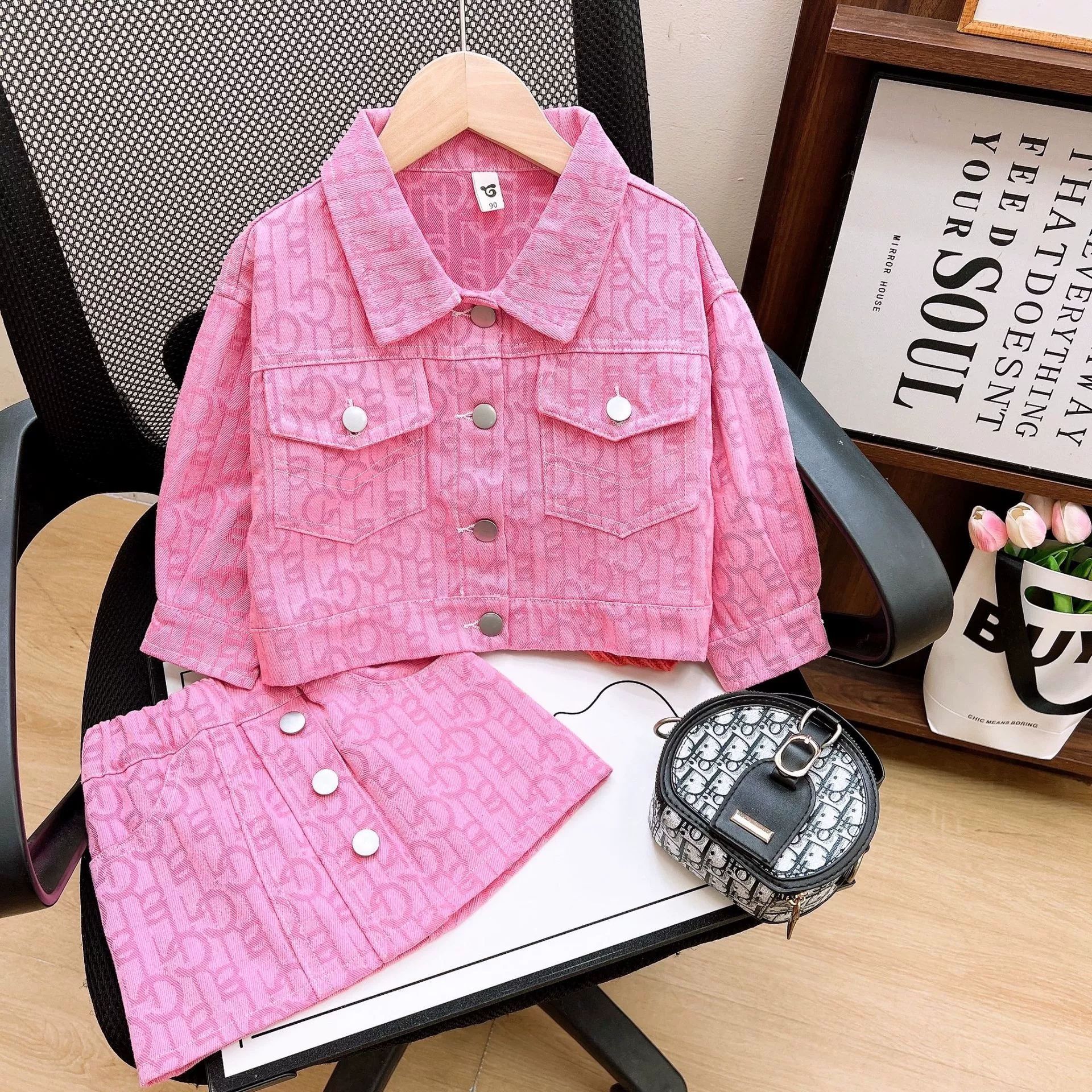 2025 Cross-Border Girls' Autumn Set Pink Jacquard Denim Jacket & Skirt Casual Fashion 120-140cm