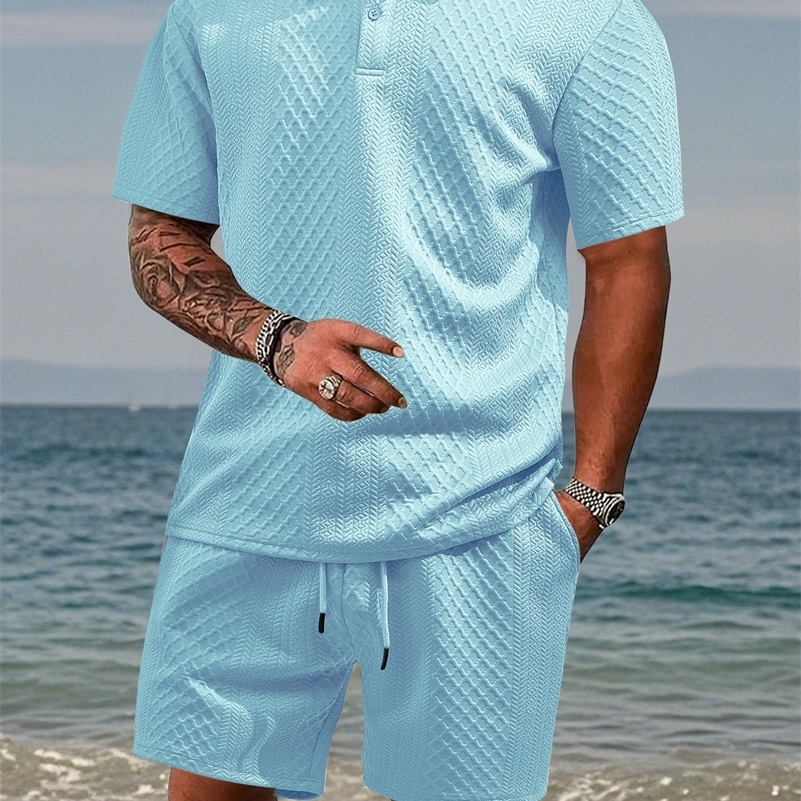 2025 Summer Mens Casual Sportswear Polo Shirt With A Lapel Mens Shortsleeved Shirt And Shorts Jacquard Texture Suit i251021