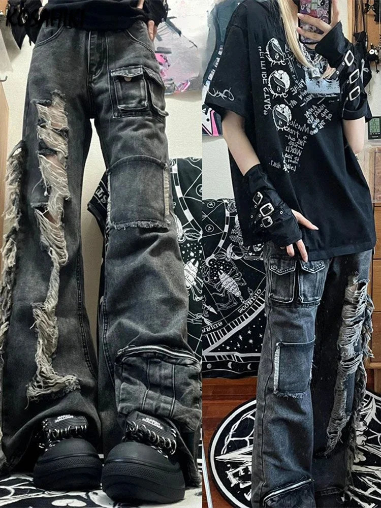 Vintage Grunge Jeans Woman Punk Hole Trousers Streetwear High Waist Wide Leg Y2k Aesthetic Baggy Denim Pants Pantalones Mujer 251017