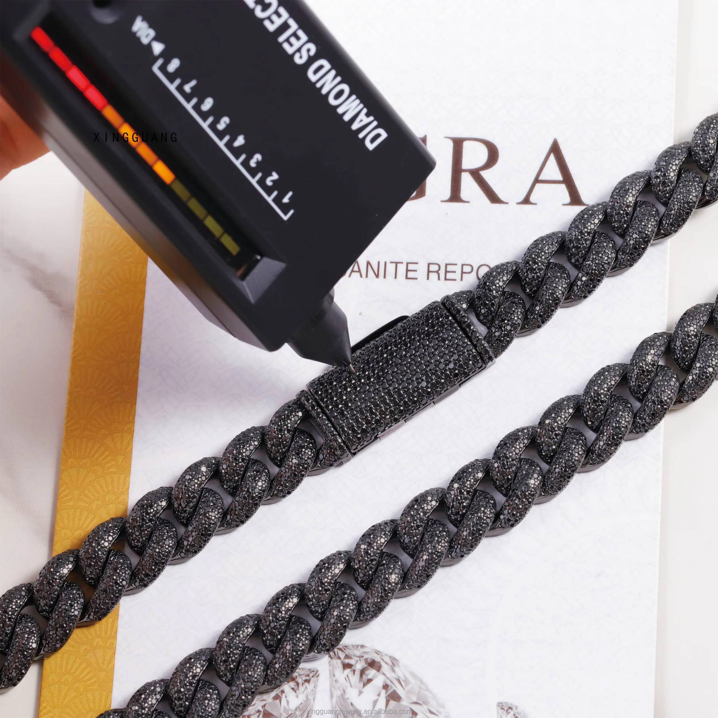 VVS Moissanite Cuban Chain Jewelry 13mm S925 Silver Black Plated Hip Hop Necklace for Men Black Diamond Cuban Lidynamic Chain