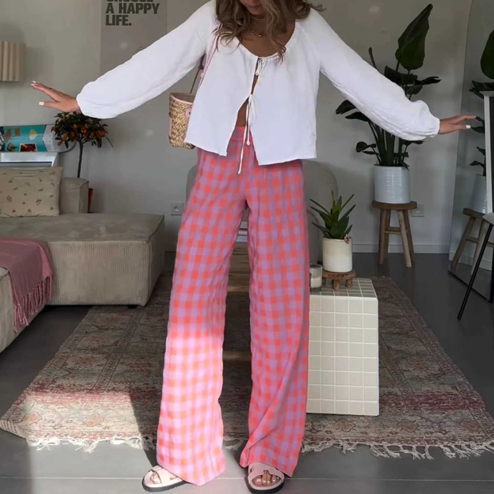 Combhasaki Womens Y2K Vintage Plaid Print Long Pants Elastic High Waist Wide Leg Loose Casual Aesthetic Trousers with PocketsT251022