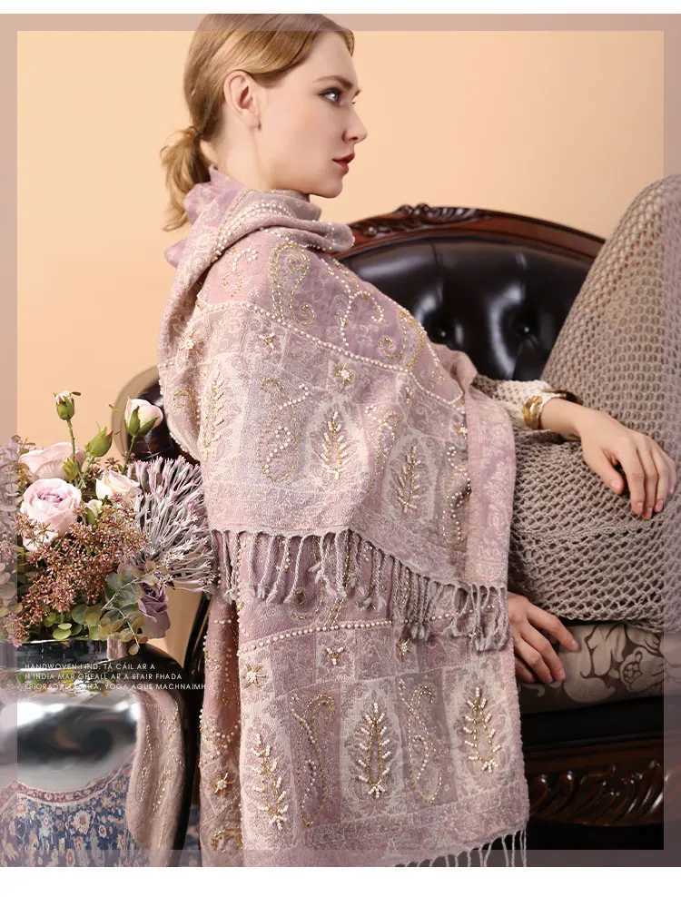100 Real Wool Scarf ShAWls Autumn and Winter Thick Wool Warm Scarf for Women Beaded Embroidery Allmatch Wool ShAWl J251129