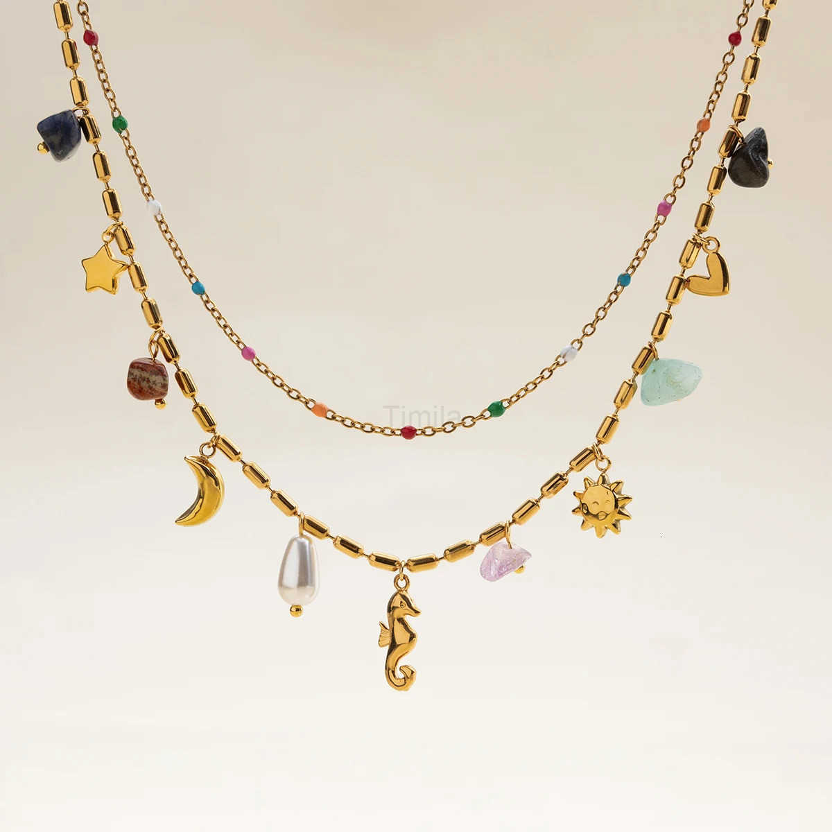 Double Oil Drip Necklace Ocean Style Stainless Steel Womens Natural Stone Seahorse Pendant Necklace Resort Edition U251022