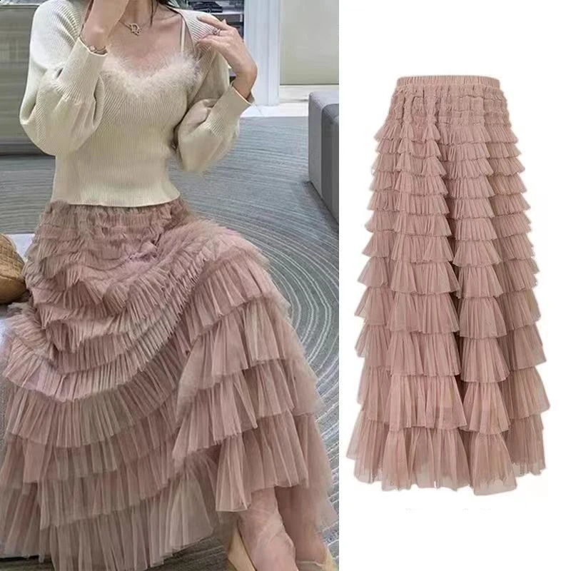 Summer Spring Womens Multilayer Ruffles Tulle Skirt Pleated High Waist Fluffy Maxi Fairy Cake Dress Long Tutu Party 251022