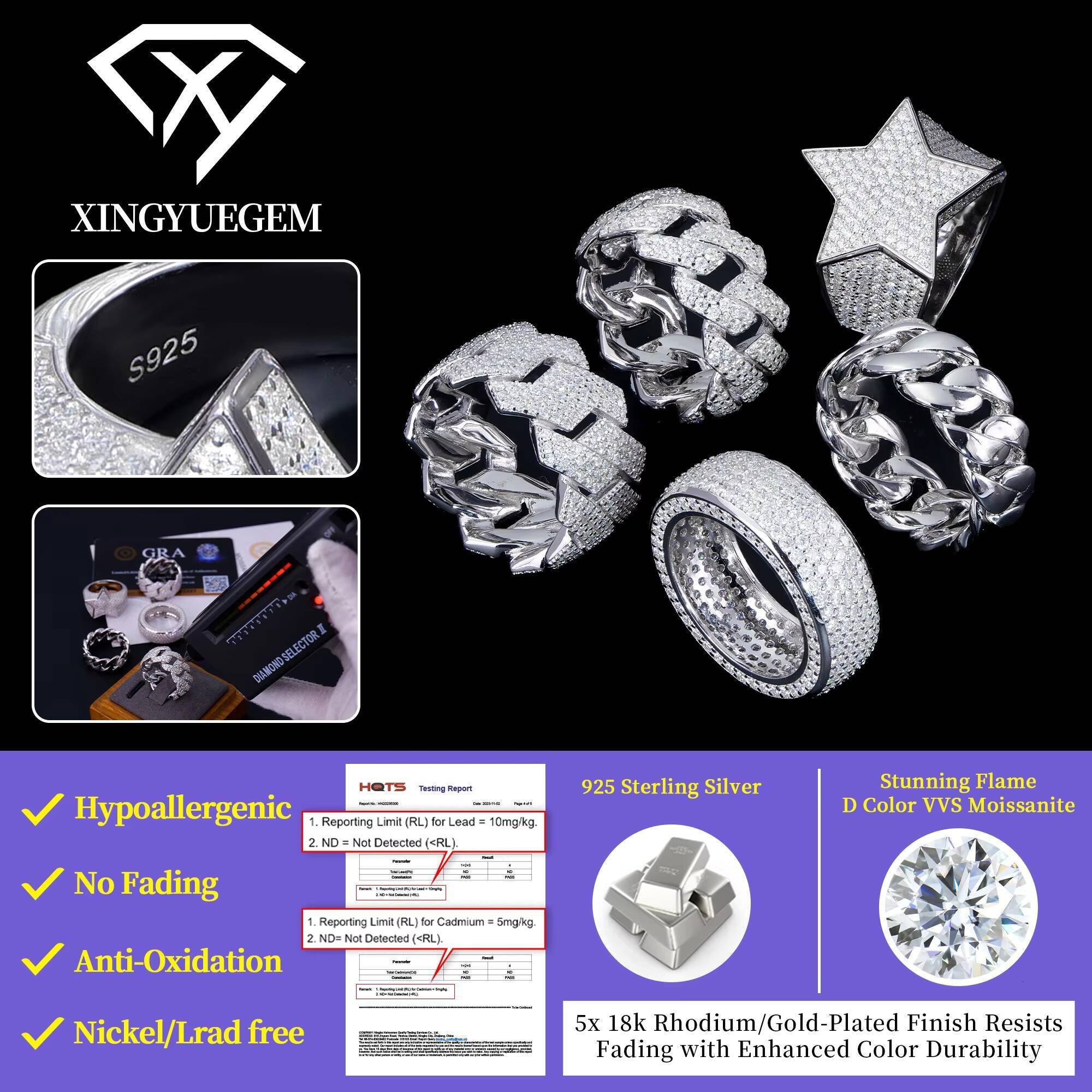In Stock Wholesale Custom Hip Hop Jewelry 925 Sterling Silver Full Crushed Iced Out Vvs Mossanite Moissanite Diamond Ring Men