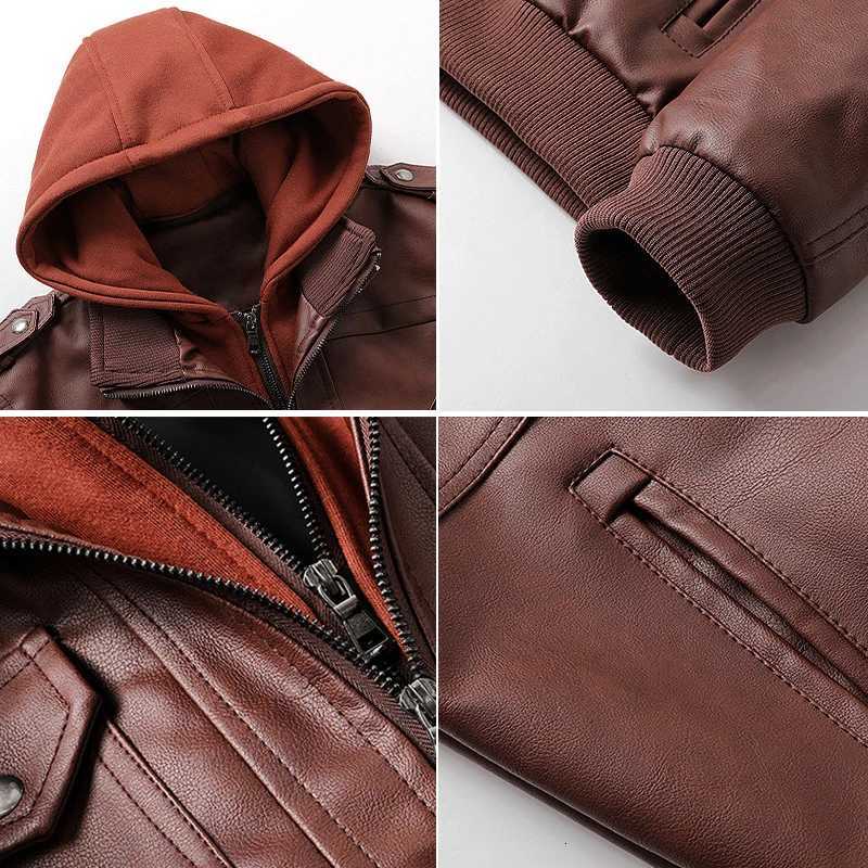 Leather Jackets For Men Casual Cowhide PU Leather Hooded Autumn Winter Coats Male Warm Vintage Motorcycle Punk Overcoats W251023