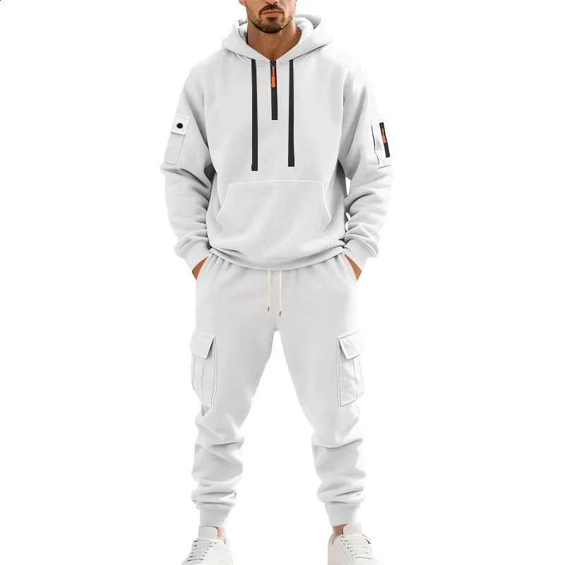 Autumn and Winter Heavy Mens Suit Loose Cargo Outdoors Commute Casual Fleece Thermal Hoodie Overalls Sweatpants 251023