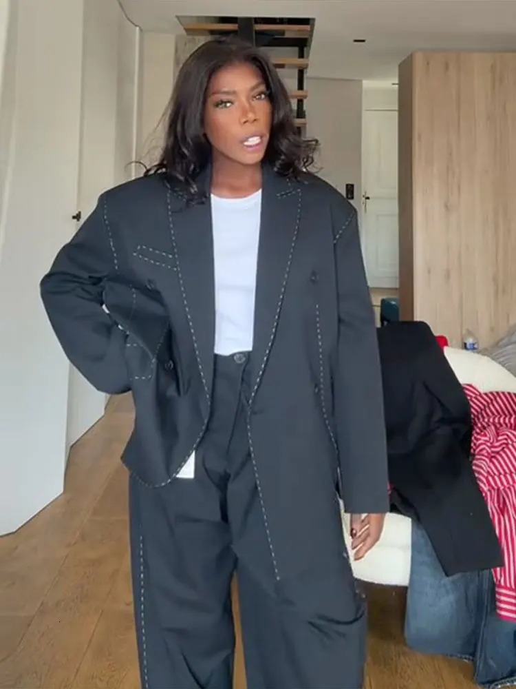 Casual Loose Womens Blazer Pant Suits Lapel DoubeBreasted Top Straight Pants Lady Set Autumn 2 Pieces Set Women 251016