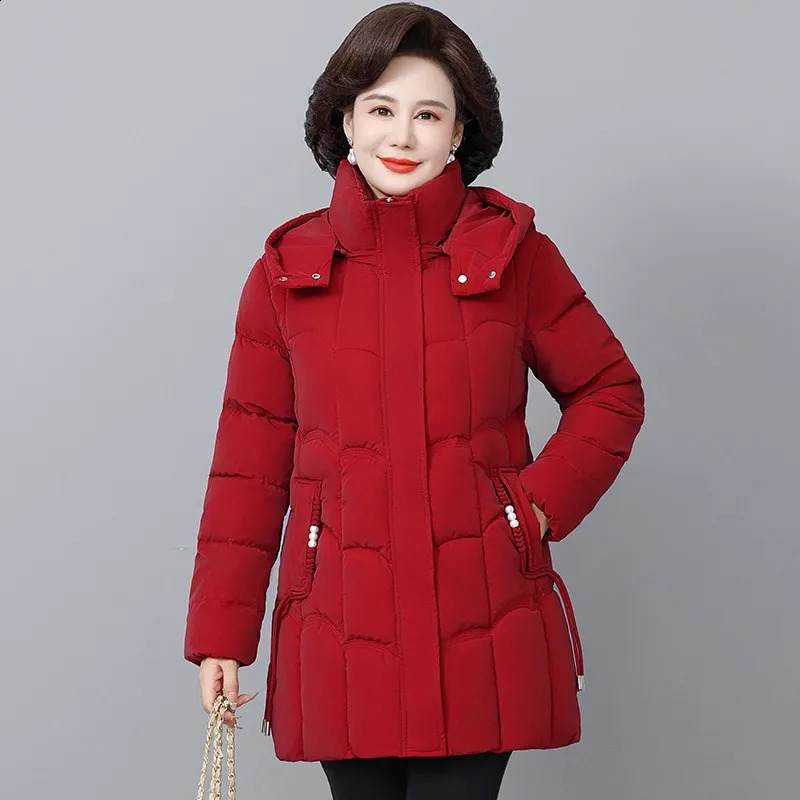 Womens Winter Thickened Jackets Down Cotton Parkas Hooded Quilted Long Pockets coat Middle aged Female Overcoat 251022