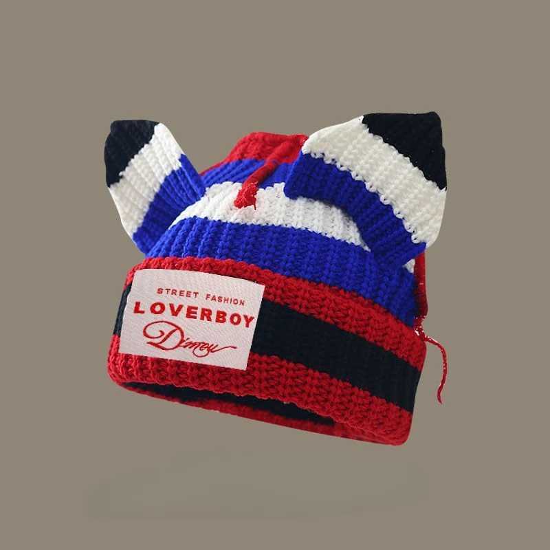 Stripe Hat Niche Design Personalized Cat Pig Ears Knitted Wool Hat Cute Warm Winter Hats for Men Women Beanies SkulliesXJ251023