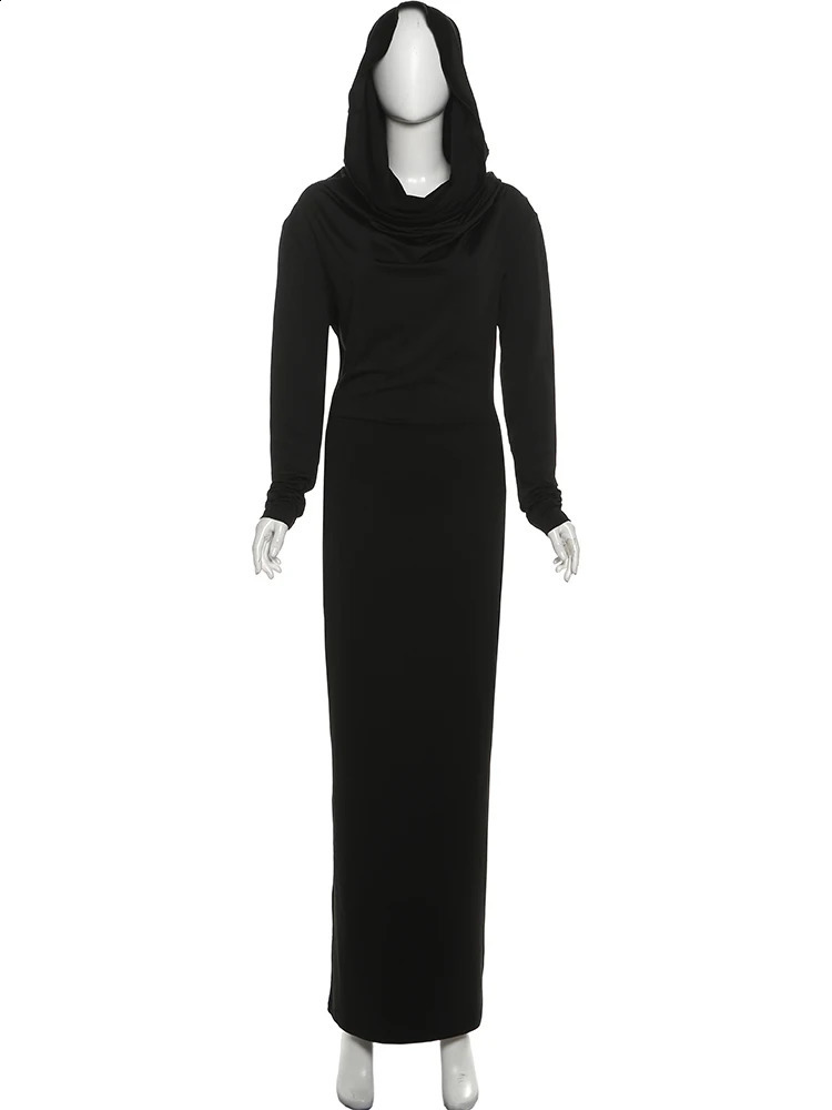 Sisterlinda Casual Hooded Long Dresses Woman Autumn Trend Swing Collar Full Sleeve Skinny High Stretch Solid Elegant Vestidos 251022