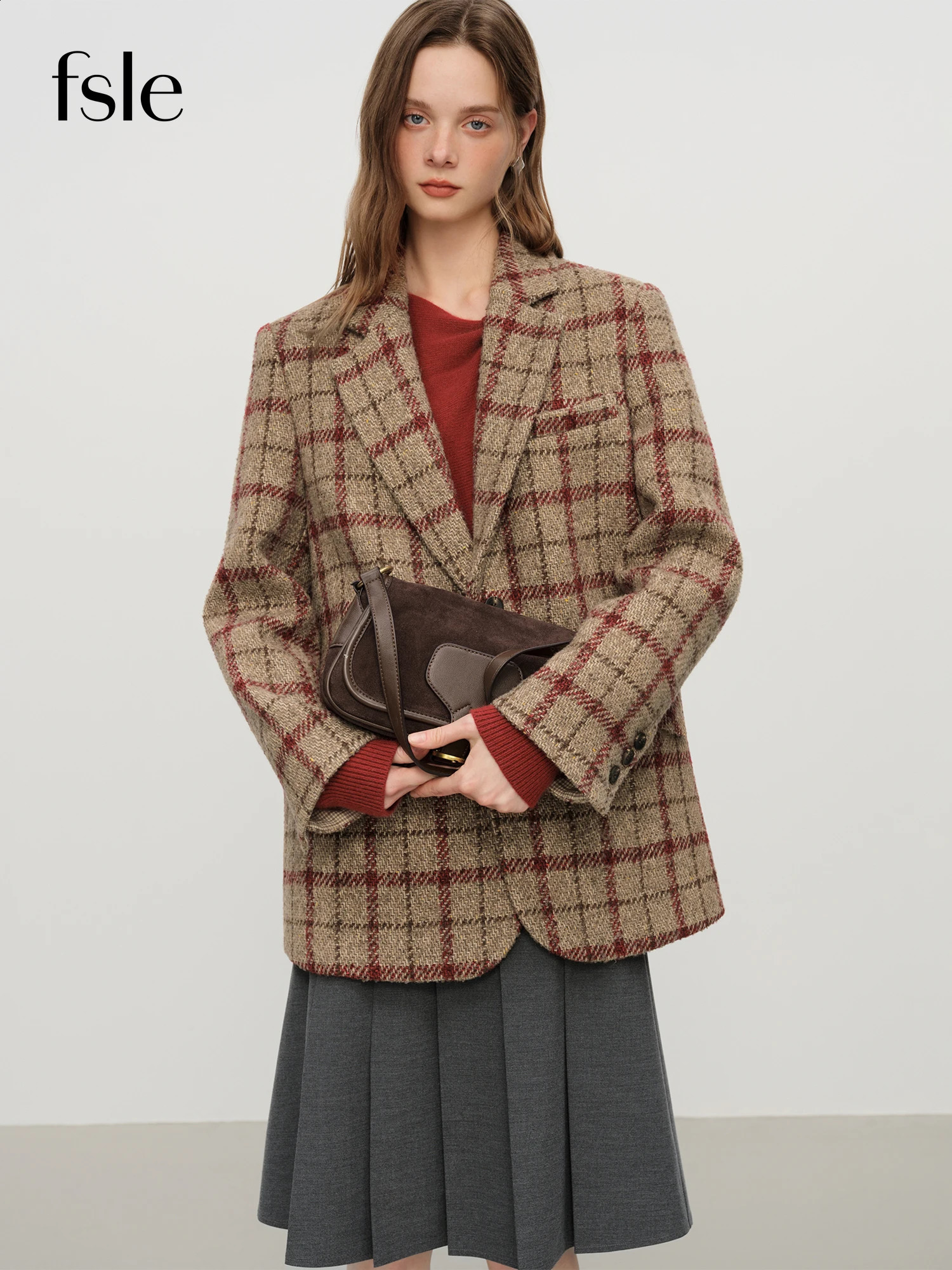 FSLE British Style Retro Check Wool Blazer Jacket Women Fall Winter Arrival Short Coat Tow Color Tailored 251013