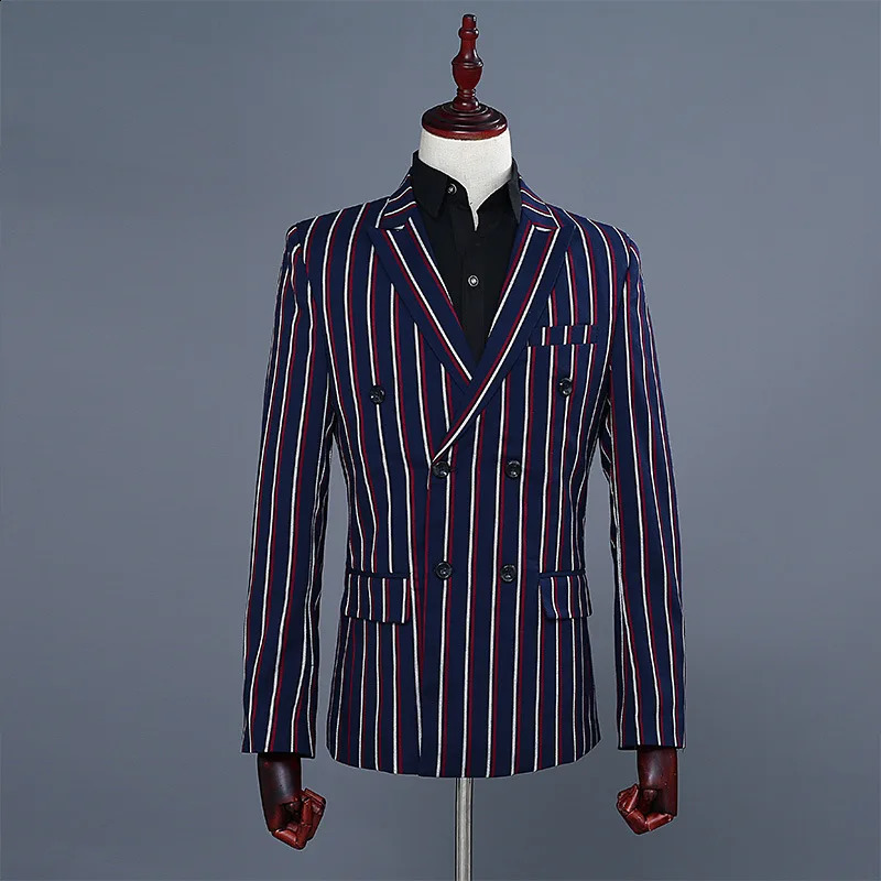 Navy Blue Mens Doublebreasted Suit Twopiece Set White Vertical Striped Jacket Paired with Matching Trousers Asian Size SXXL 251023
