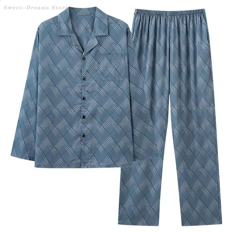 Mens Plus Size Pajamas Set Loungewear Spring Autumn Ice Silk Long Sleeved Trouser Pijama Mujer Male Casual Sleepwear Home Wear 251021