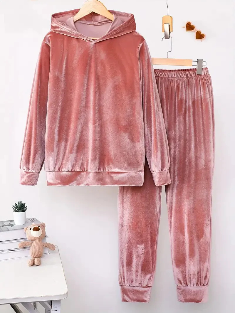 Autumn Winter Plush Two Piece Set Loose Solid Color Hooded Long Sleeved Sweatshirt Elastic Waist Trousers For Women 251022