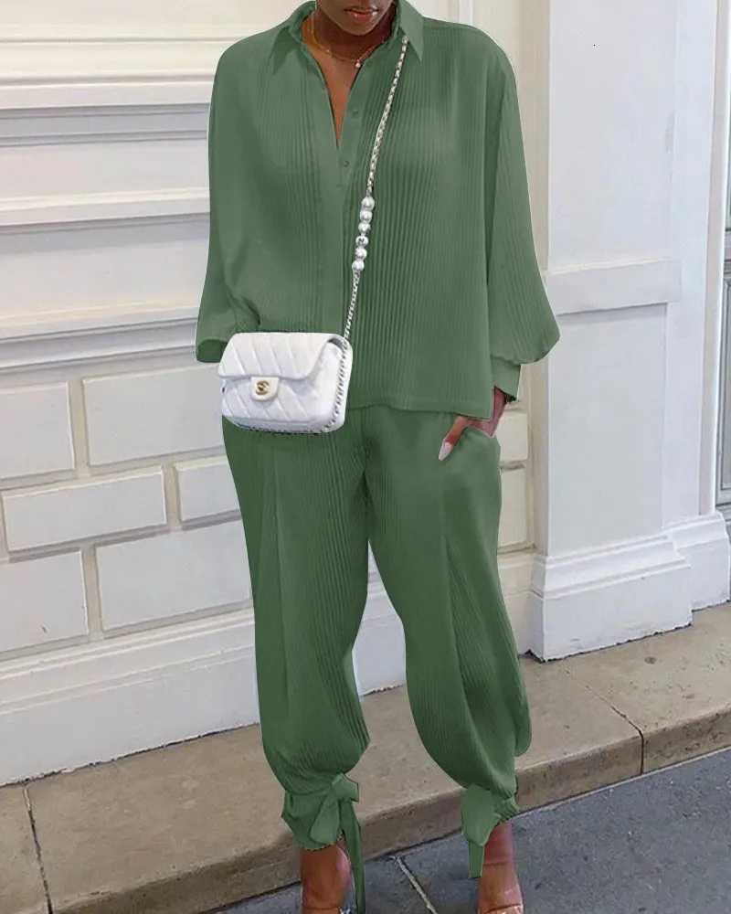 Classic Solid Shirt Pants Set Women Casual Loose Long Sleeved Lapel Elastic Waist Two Piece Suit 2025 New Summer Street OutfitT251022