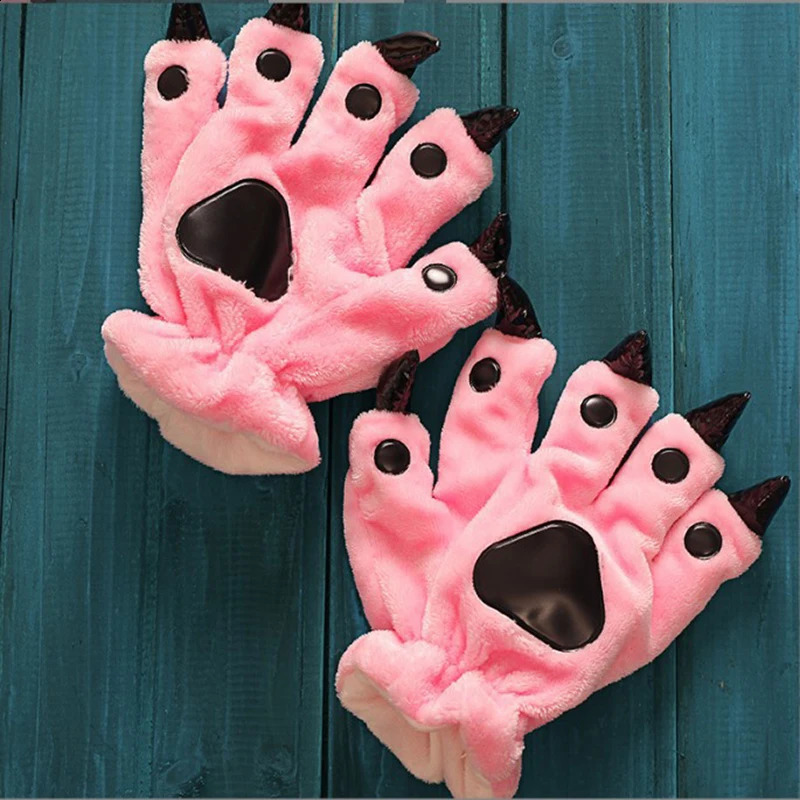 A Pair Animal Paw Gloves Cute Kigurumi Paws Winter Gloves Men Women Soft Plush Flannel Dinosaur Bear Finger Claw Halloween Party 251021