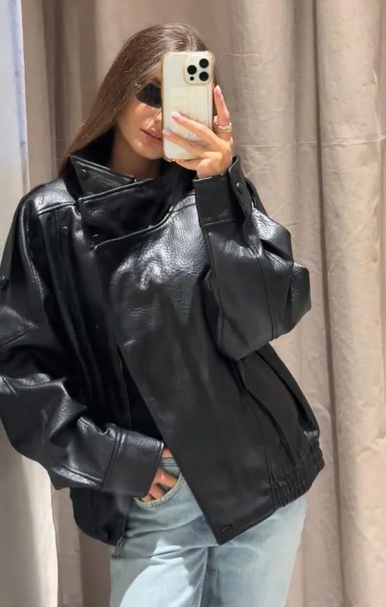 Stand Collar Pu Leather Jackets Women Casual Full Sleeve Zipper Buttons Solid Coats Autumn Winter Fashion Streetwears Lady 251020