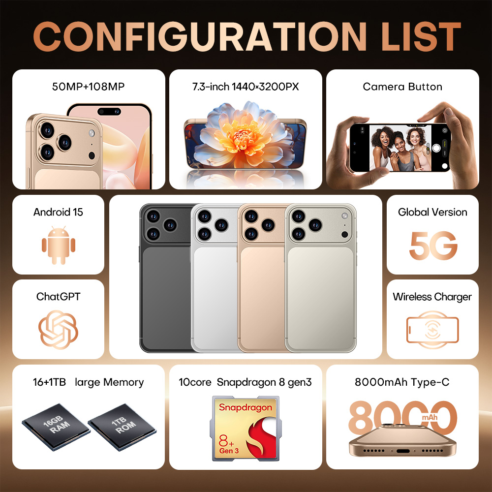 2025 New Global Version i17ProMax Original Snapdragon 8 Gen3 10 core 7.3-inch capsule screen (Smart Island) resolution 1440*3200 50MP+108MP 8000mAh IO