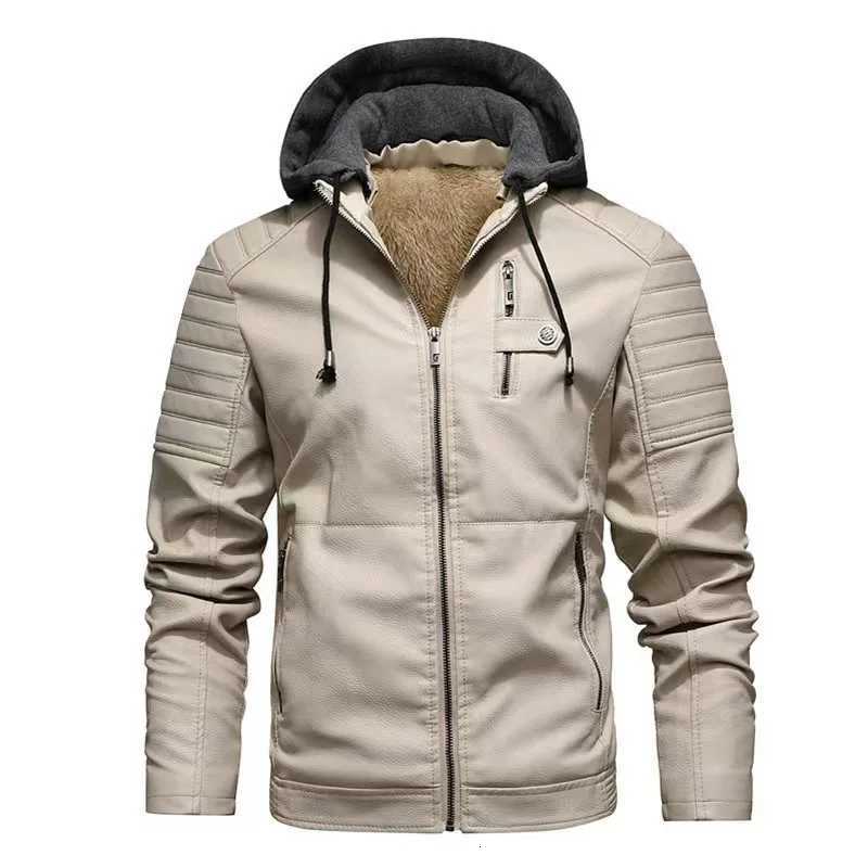 Locomotive Leather Jacket Autumn And Winter Mens Fleece Thickened Hooded Zipper Leather Jacket Standup Collar Jacket W251023