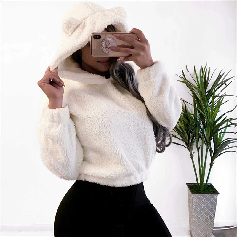 Winter Korean Fashion Bear Ears Cute Loose Hoodie Fluffy Hooded Warm Sweatshirt Long Sleeve Top Solid Pullover Clothes For Women 251022