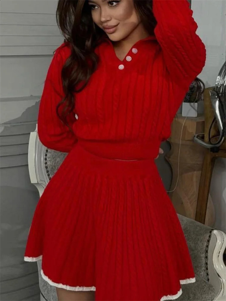 Tossy Autumn Fashion 2 PieceSet Skirt Womens Patchwork Contrast Long Sleeve Lapel Pullover And High Waist Mini Outfits 251022
