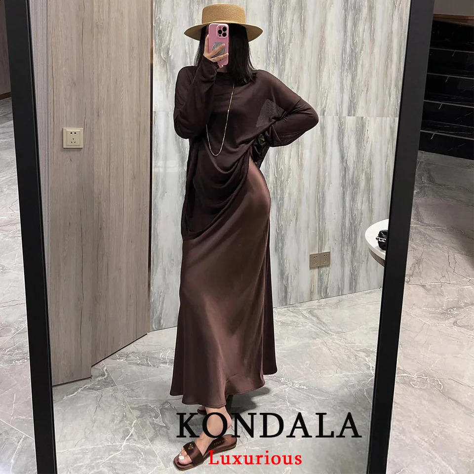 KONDALA Vintage Casual Brown Satin Long Skirts Women High Waist Elastic Straight Mocha Mousse Fashion Elegant 251022