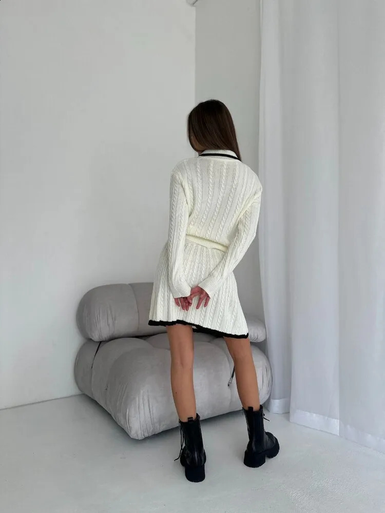 Arrival Women Solid Color Knitted Skirts Two Piece Set Long Sleeve Lapel Buttons Knitting Sweater Short Skirt 2 Sets 251022