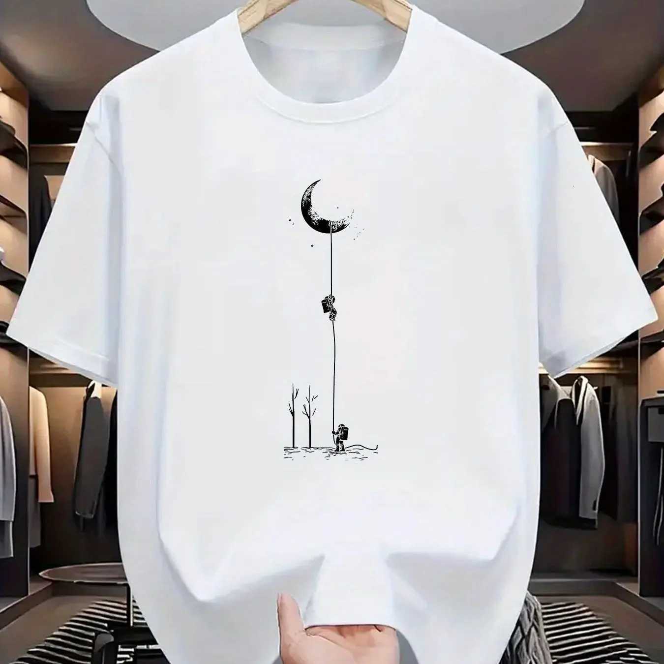 Summer mens 100 pure cotton casual loose fit plus size moon landing pattern printed round neck short sleeved Tshirt topXJ251023