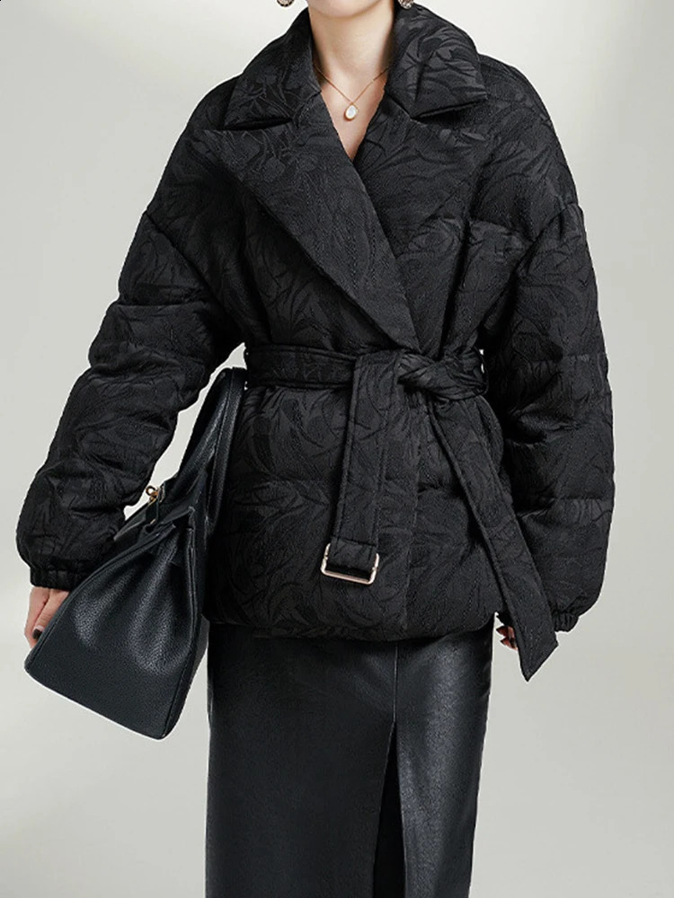 Mueyaruho Winter Women High Level 90 Goose Down Jacket Parkas Jacquard Solid Black Long Sleeve Warm Puffer Coat For 251022