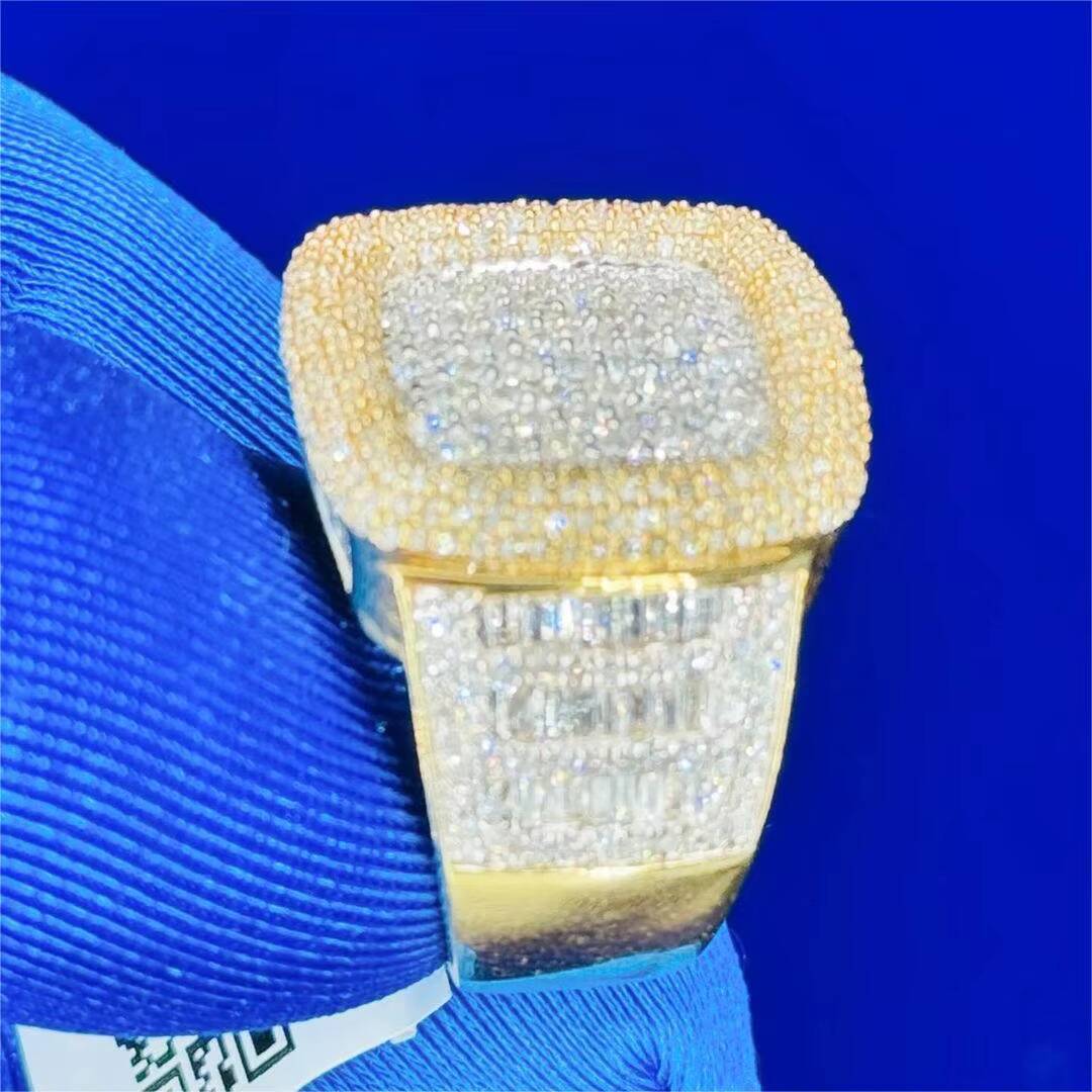 Iced Out Moissanite Ring Men 925 Silver Vvs Rapper Baguette Yellow Gold Color Solid Moissanite Ring