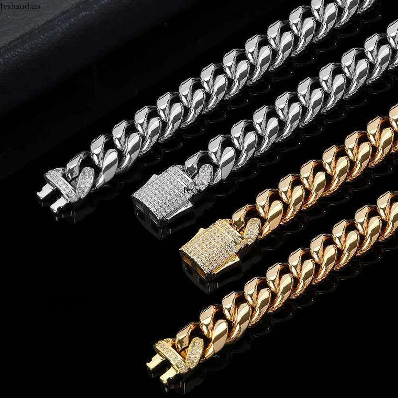 Hip Hop Miami Titanium Steel Mens Nece Bracelet Set with Zircon Spring Buckle Cuban Link Gold Chain Popular Jewelry chains 825 aaa