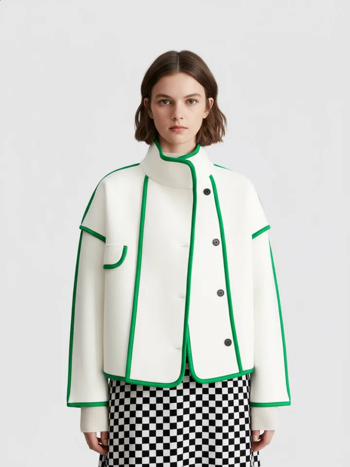 Freeacy Autumn Womens Coat Green Trim High Neck Buttoned Loose Fit Jacket Casual Woolen Outerwears 251013