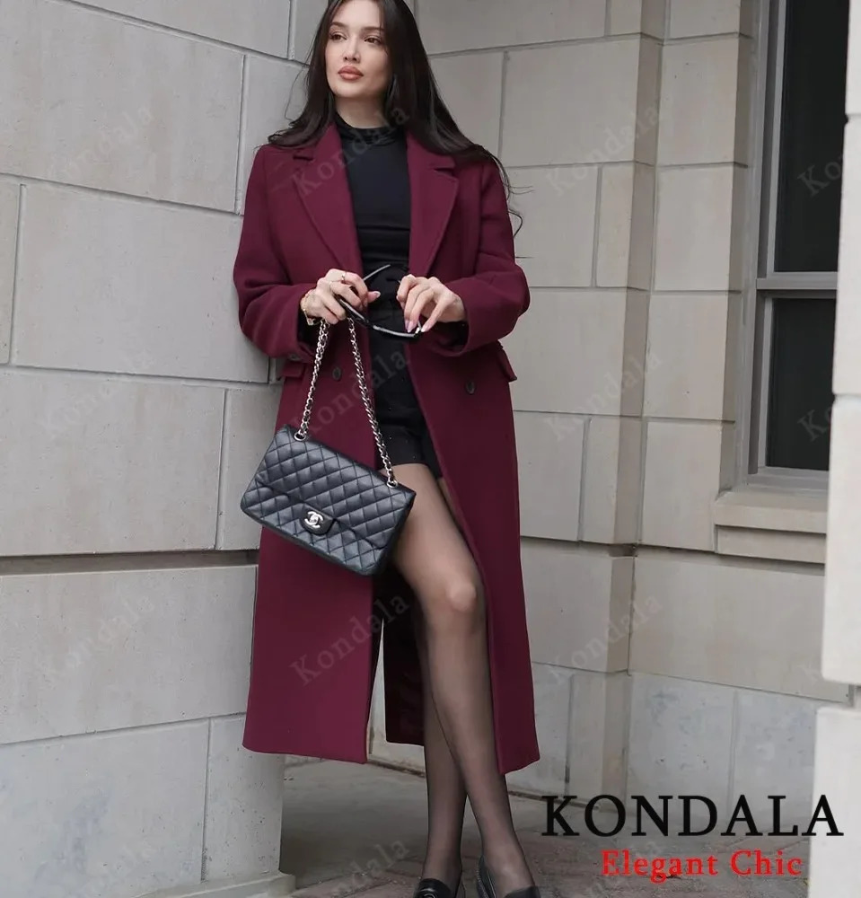 KONDALA Women Fall Elegant Long Coat Blended Lapel Buttons Lined Coat Fashion Autumn Winter High Street Commute Lady Coat 251020