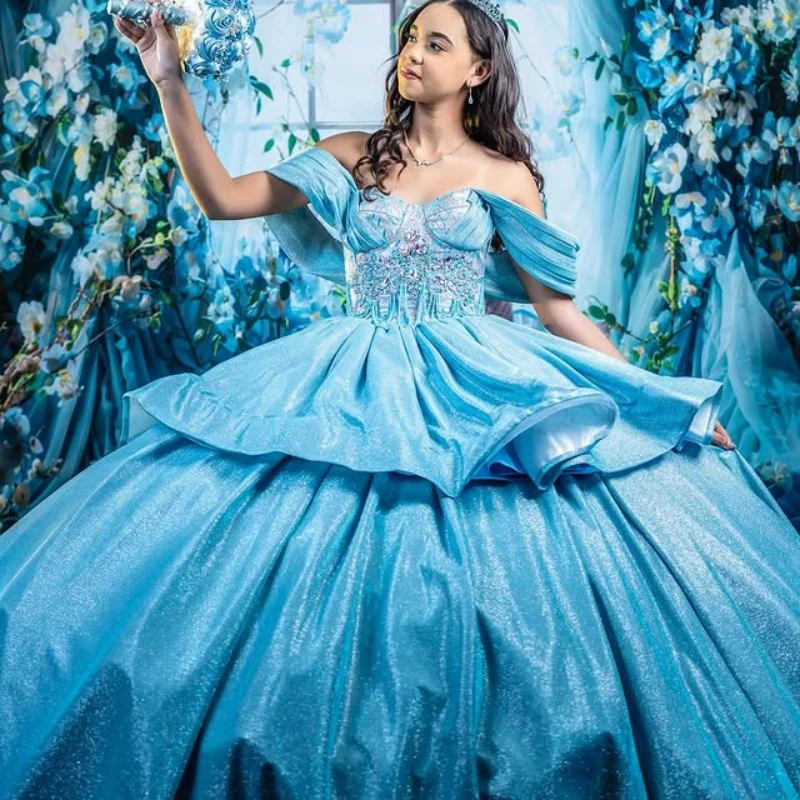 Blue Shiny Quinceanera Dresses offthe shoulder Beading Crystal Sequin Applique Lace glitter decal vestidos de 15 anos sweet 16 dress