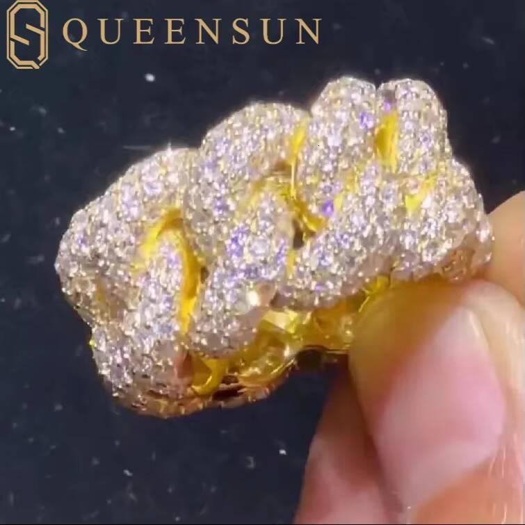 QUEENSUN GRA Moissanite D VS 10K 14K 18K Mens and Womens Hip Hop Diamond Rings Cuban Rings