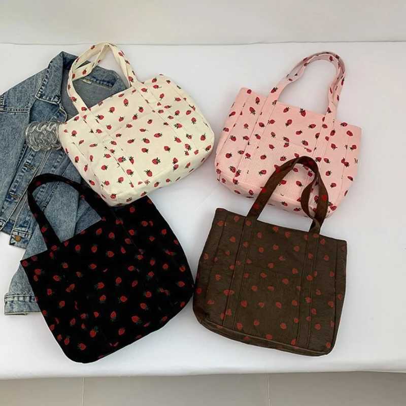 Corduroy Handbag Strawberries Beach Bag Fashionable Versatile Shoulder Bag LargeCapacity Simple Commuter Womens Tote Bag BolsosL251023