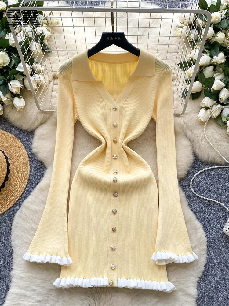 SINGREINY Autumn Sweet Basics Knit Dress Female Long Sleeve Edible Tree Fungus Turndown Collar Slim Light y Women 251022
