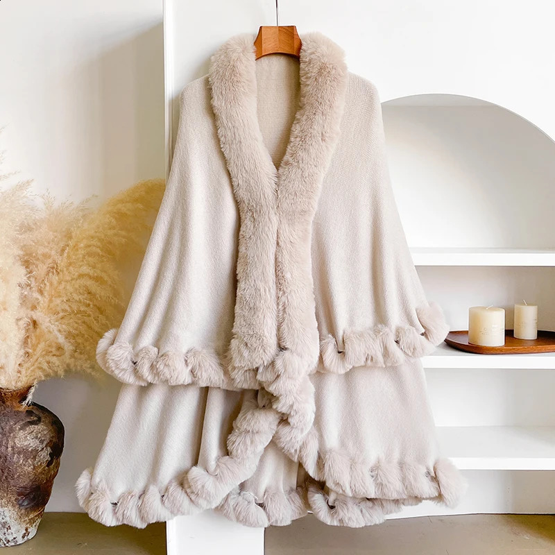 Winter Womens Thicken Mink Wool Full Trims Faux Fur Cape Hooded Loose Fleece Cloak Coat Party Dress Wraps Warm 251022
