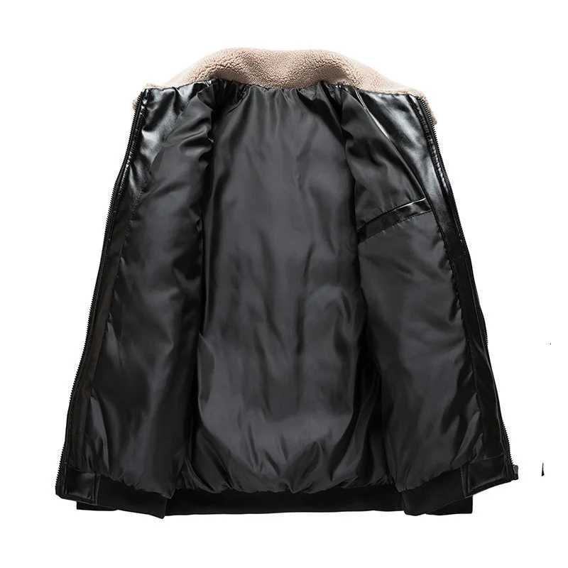 Mens PU Leather Quilted Jacket Korean Style Winter Thermal Coat with Big Capacity Pockets Waterproof Stain Resistant Jacket W251023