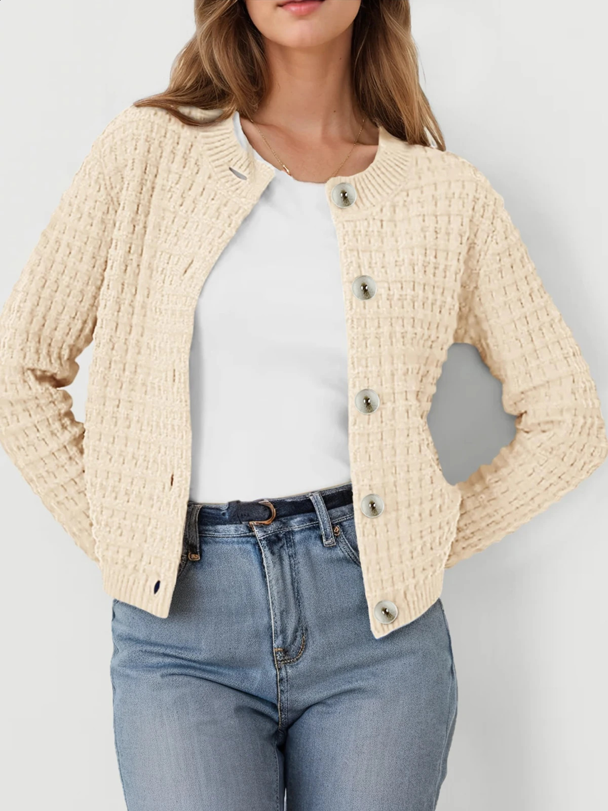 Womens Temperament Round Neck Knitted Top Retro Casual SingleBreasted LongSleeved Cardigan Sweater Jacket 251023