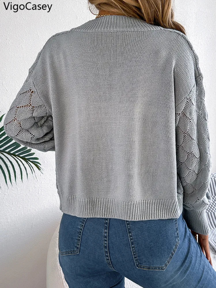 VigoCasey Autumn Solid Long Sleeve Sweater Grey Cardigan Winter Women Casual Short Lady Hollow Loose Knitted Coat 251022