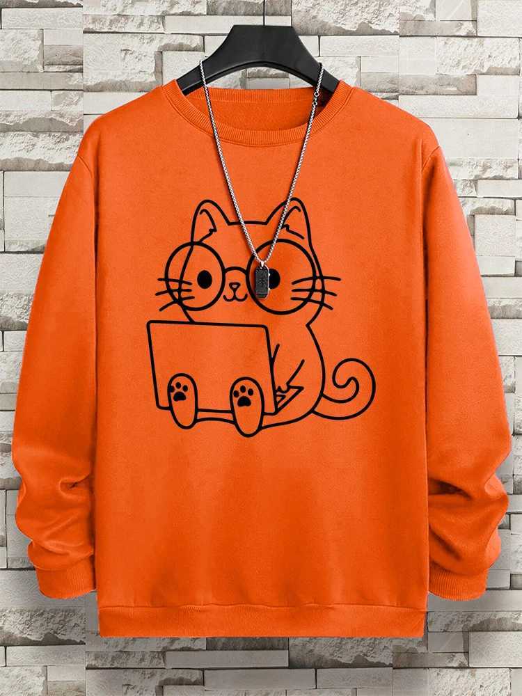 Gentleman Cat At Work Print Man Sweatshirt Hip Hop Loose Hoodie Autumn New Hoody Fashion Streetwear Pullover ONeck MenswearT251023
