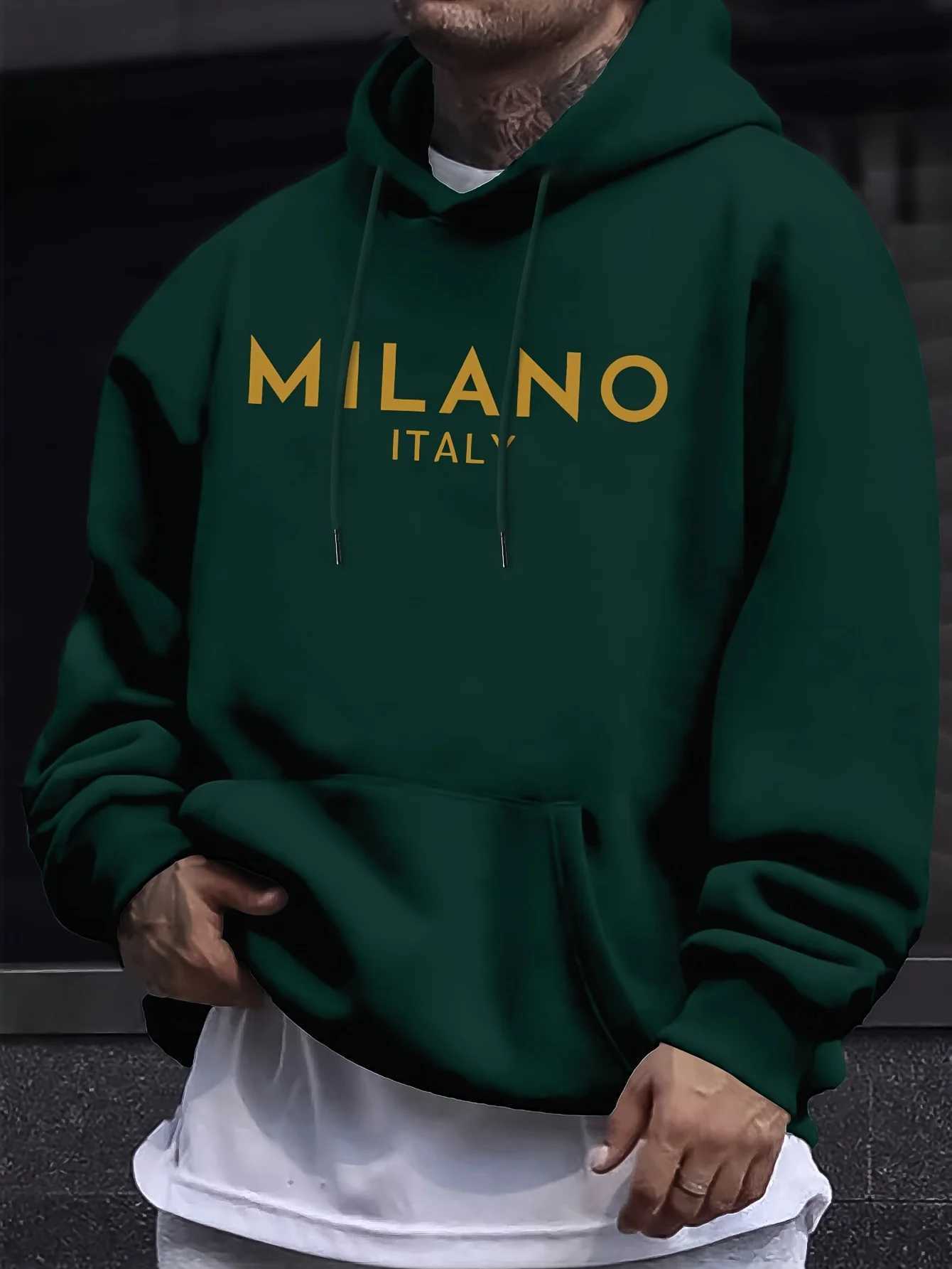 Mens autumn and winter casual fashion loose MILANO ITALY letter print long sleeved hooded sweatshirt warm pulloverT251023