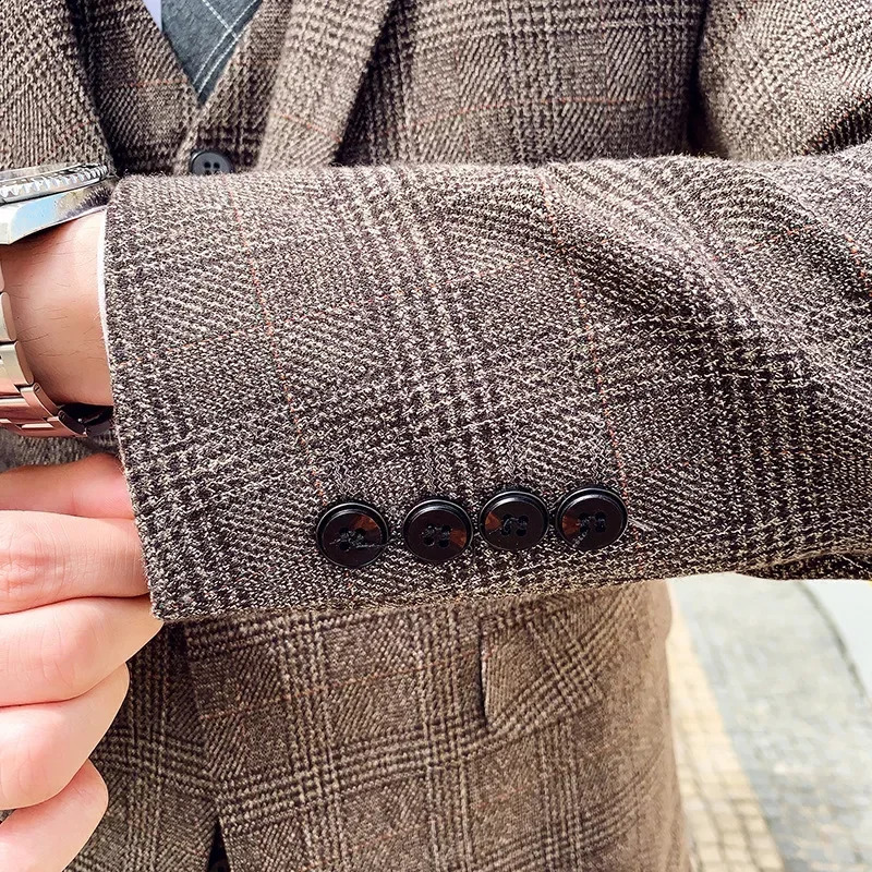 Mens Highquality Plus Size 5XLM 3piece Suit suitvestpants Business Fashion Plaid Grooms Wedding Banquet Set 251023