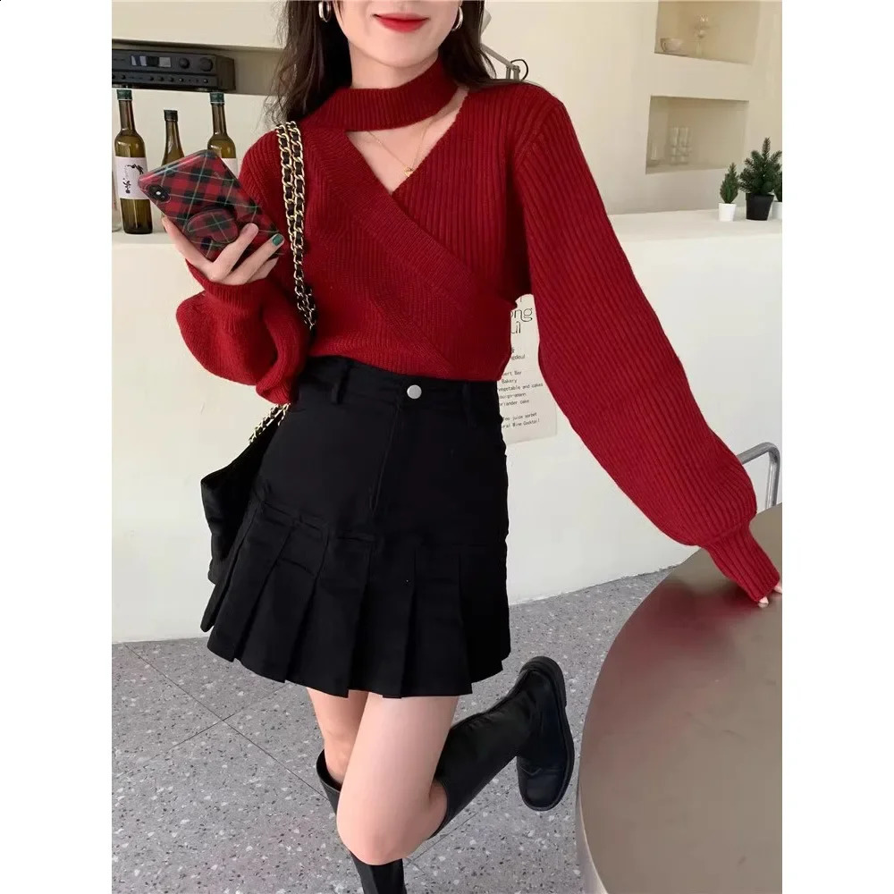 Red Irregular Asymmetrical Collar Lantern Sleeve Knitted Sweater Loose Short Korean Style Lazy Top Womens Fashion Winter Sa 251020