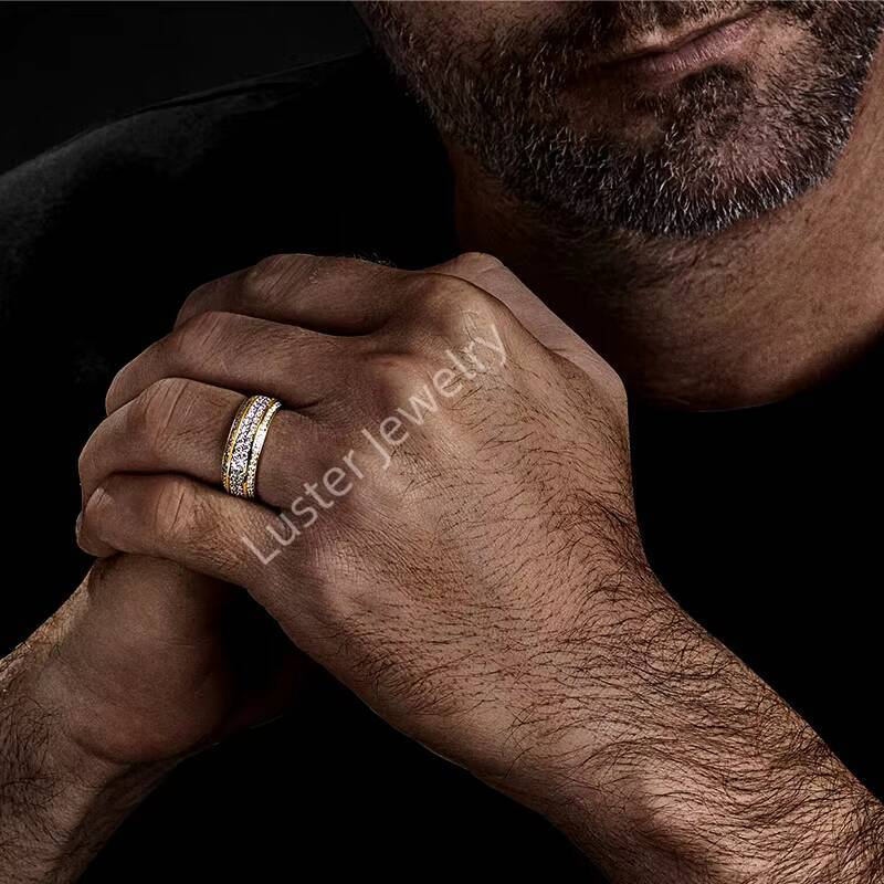 Hip Hop Iced Out 18K Solid Gold Pass Diamond Tester VVS Moissanite GRA Rapper Dazzling Sparkly Eternity Band Ring for Men