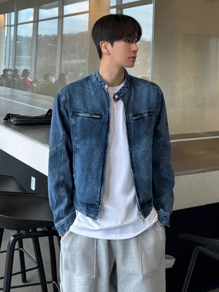 SYUHGFA Korean High Street Mens Denim Jackets Stand Collar Zipper Loose Solid Color Male Short Coats 2024 Autumn 251017