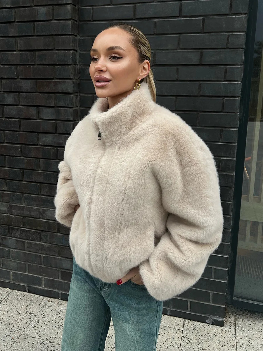Bornladies Womens Faux Fur Jacket Zipper Warm Plush Coat Oversized Soft Fluffy Stand Up Collar Autumn Winter Casual 251022
