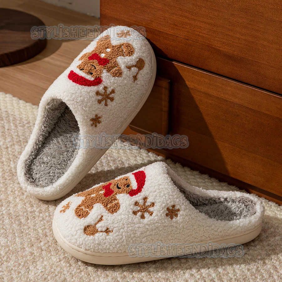 Womens Christmas Slippers Adorable Indoor Festival Gingerbread Man Embroidery Couple Fashion Winter Holiday Christmas Shoes H251023